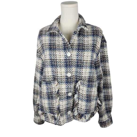 Blank NYC Once In A Lifetime Blue Plaid Tweed Shacket Medium Lady Jacket Western - Picture 4 of 15